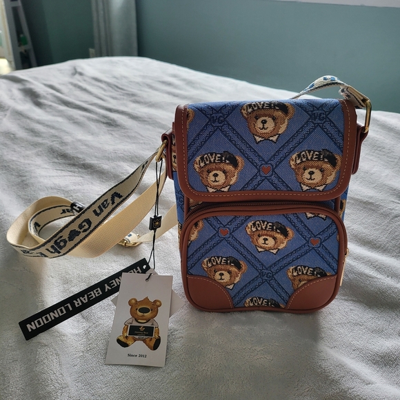 Blue and Brown Teddy Bear Crossbody Bag - Picture 1 of 11